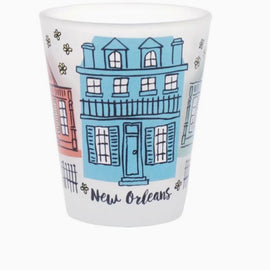 Frosted shot glass with vibrant New Orleans Creole Cottages artwork featuring colorful houses and Crescent City charm.
