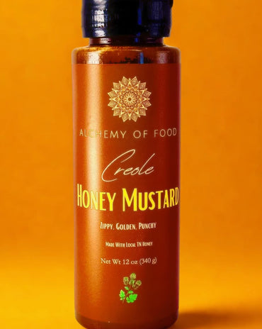 Bottle of Creole Honey Mustard made with local Tennessee honey, small-batch sweet and tangy mustard sauce.