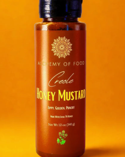 Bottle of Creole Honey Mustard made with local Tennessee honey, small-batch sweet and tangy mustard sauce.