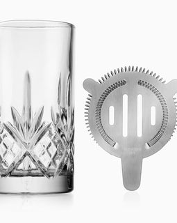 Close-up of crystal mixing pitcher and strainer