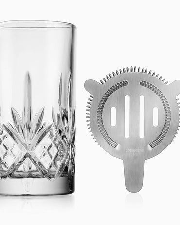 Close-up of crystal mixing pitcher and strainer