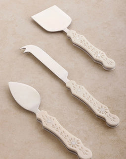 Derby Cheese Knives set of 3 with cream floral handles – chisel, pronged, and spreader knives.
