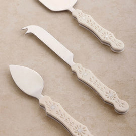 Derby Cheese Knives set of 3 with cream floral handles – chisel, pronged, and spreader knives.