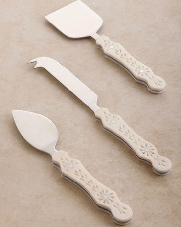 Derby Cheese Knives set of 3 with cream floral handles – chisel, pronged, and spreader knives.