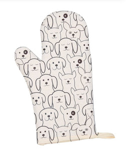 Cream-colored oven mitt with an all-over black line-art dog pattern on a white background.