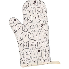 Cream-colored oven mitt with an all-over black line-art dog pattern on a white background.