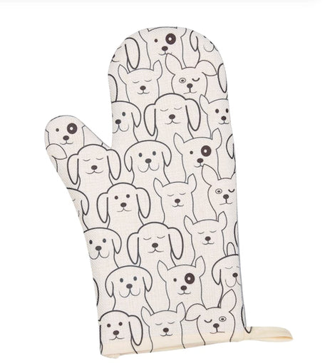 Cream-colored oven mitt with an all-over black line-art dog pattern on a white background.