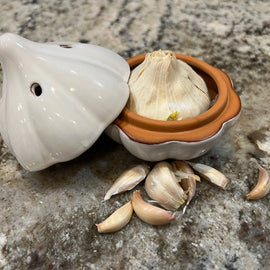 Ceramic garlic keeper shaped like a garlic bulb with small ventilation holes, designed to keep garlic fresh on the kitchen counter.