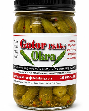 A jar of Gator Pickles Okra on a white background, featuring a black lid and a white label with red and green text and graphics.