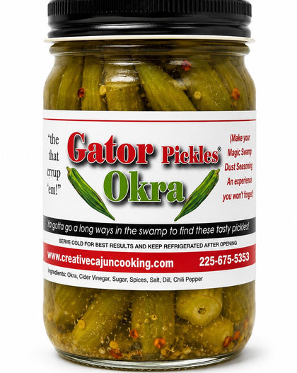 A jar of Gator Pickles Okra on a white background, featuring a black lid and a white label with red and green text and graphics.