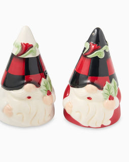 “Set of two ceramic gnome salt and pepper shakers with red and black check hats and holly accents.”