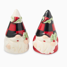 “Set of two ceramic gnome salt and pepper shakers with red and black check hats and holly accents.”