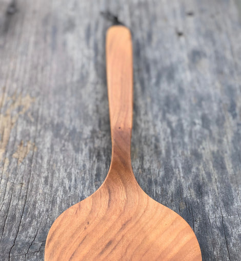 Handcrafted wooden hamburger flipper spatula with hanging string