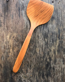 Handcrafted wooden hamburger flipper spatula with hanging string