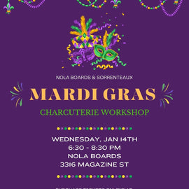 Purple Mardi Gras event graphic with beads, feathers, and masks promoting NOLA Boards & Sorrenteaux Mardi Gras Charcuterie Workshop on January 14 at 3316 Magazine Street.