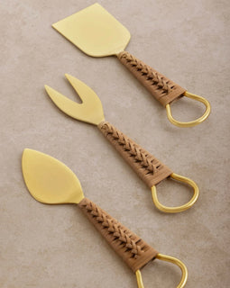 Helsinki Cheese Knives set of 3 with stainless steel blades and woven rattan handles – chisel, pronged, and spreader knives.