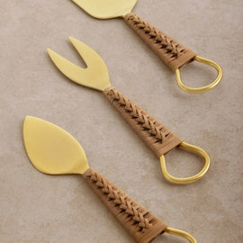 Helsinki Cheese Knives set of 3 with stainless steel blades and woven rattan handles – chisel, pronged, and spreader knives.