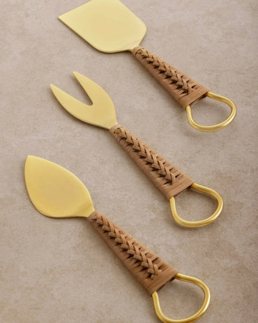 Helsinki Cheese Knives set of 3 with stainless steel blades and woven rattan handles – chisel, pronged, and spreader knives.