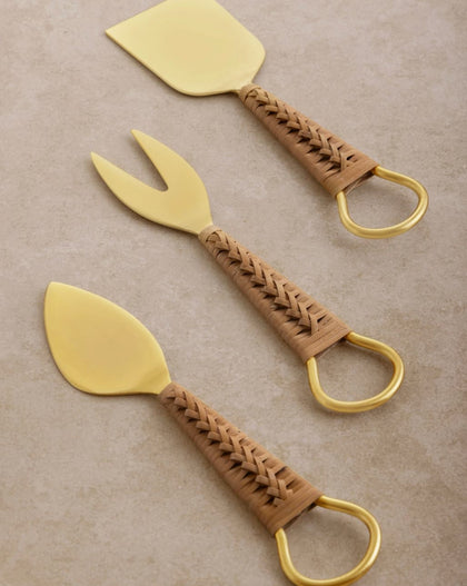 Helsinki Cheese Knives set of 3 with stainless steel blades and woven rattan handles – chisel, pronged, and spreader knives.