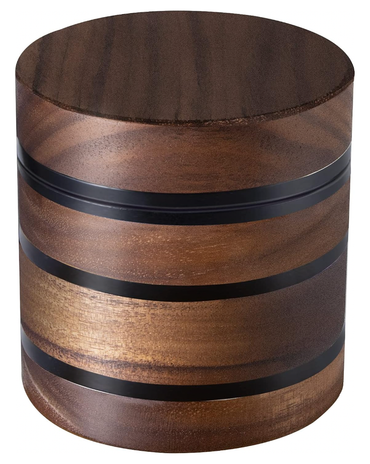 walnut and aluminum herb grinder with magnetic lid and mesh screen