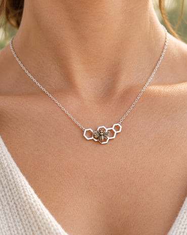 Dainty Honeybee & Honeycomb Necklace | Silver & Bronze Bee Jewelry