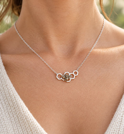 Dainty Honeybee & Honeycomb Necklace | Silver & Bronze Bee Jewelry