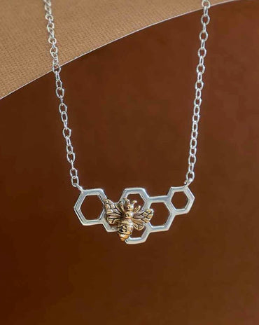 Dainty Honeybee & Honeycomb Necklace | Silver & Bronze Bee Jewelry