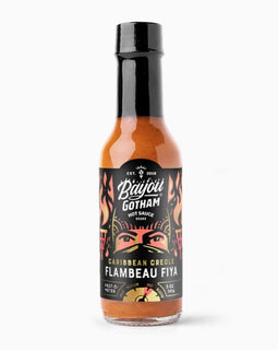 Bottle of Bayou Gotham FLAMBEAU FIYA™ Hot Sauce — sweet-heat Caribbean-style hot sauce made in Louisiana.