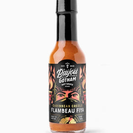 Bottle of Bayou Gotham FLAMBEAU FIYA™ Hot Sauce — sweet-heat Caribbean-style hot sauce made in Louisiana.