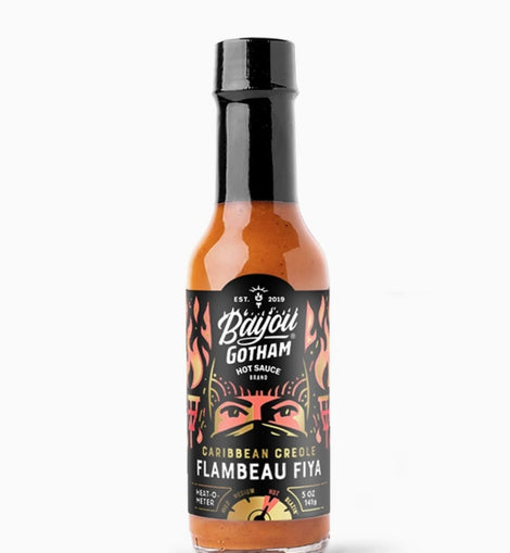 Bottle of Bayou Gotham FLAMBEAU FIYA™ Hot Sauce — sweet-heat Caribbean-style hot sauce made in Louisiana.
