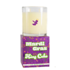 King Cake scented candle in glass jar with boxed packaging, inspired by Mardi Gras with vanilla, sugar, and cinnamon notes.