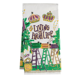 Living the High Life Mardi Gras kitchen towel featuring colorful ladder throws, crowns, beads, and festive New Orleans-inspired artwork.