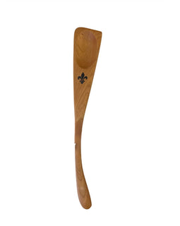 Handcrafted wooden left-handed roux spoon with angled edge, designed for stirring and scraping Louisiana roux.