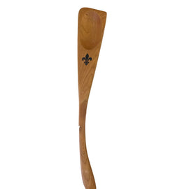 Handcrafted wooden left-handed roux spoon with angled edge, designed for stirring and scraping Louisiana roux.