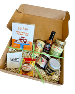 Louisiana Pantry Gift Box featuring locally made seasonings, sauces, and sweets from small Louisiana makers.