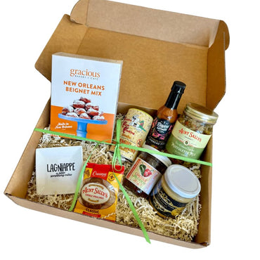 Louisiana Pantry Gift Box featuring locally made seasonings, sauces, and sweets from small Louisiana makers.