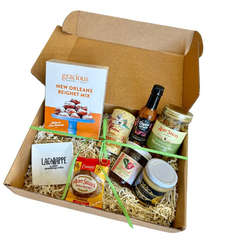 Louisiana Pantry Gift Box featuring locally made seasonings, sauces, and sweets from small Louisiana makers.