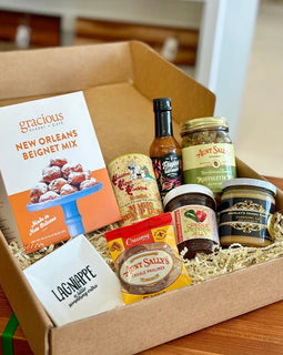 Louisiana Pantry Gift Box featuring locally made seasonings, sauces, and sweets from small Louisiana makers.
