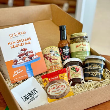 Louisiana Pantry Gift Box featuring locally made seasonings, sauces, and sweets from small Louisiana makers.