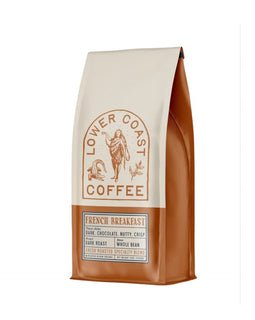Bag of Lower Coast Coffee French Breakfast dark roast whole bean with dark chocolate, nutty, and crisp flavor notes.