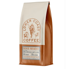 Bag of Lower Coast Coffee French Breakfast dark roast whole bean with dark chocolate, nutty, and crisp flavor notes.