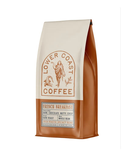 Bag of Lower Coast Coffee French Breakfast dark roast whole bean with dark chocolate, nutty, and crisp flavor notes.