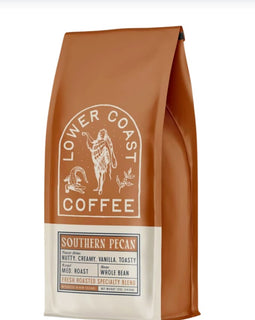 Bag of Lower Coast Coffee Southern Pecan Whole Bean medium roast with nutty, creamy, vanilla, and toasty flavor notes.