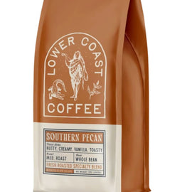 Bag of Lower Coast Coffee Southern Pecan Whole Bean medium roast with nutty, creamy, vanilla, and toasty flavor notes.