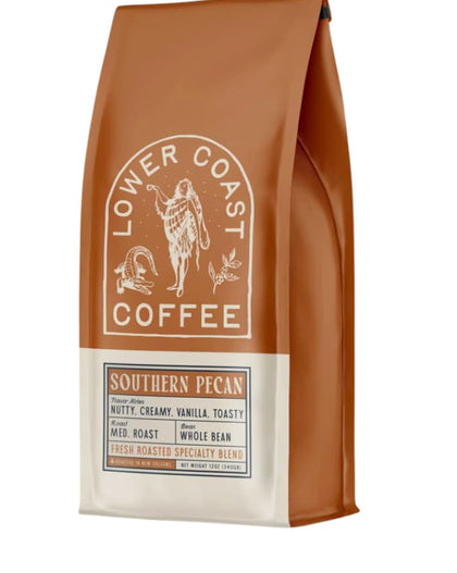 Bag of Lower Coast Coffee Southern Pecan Whole Bean medium roast with nutty, creamy, vanilla, and toasty flavor notes.