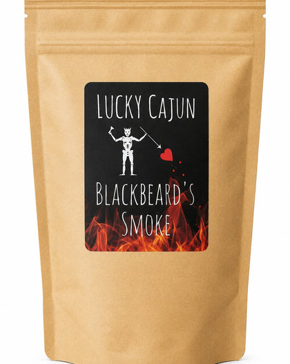 A kraft paper stand-up pouch with a black front label reading 'LUCKY CAJUN BLACKBEARD'S SMOKE' with a white figure, red heart, and flame graphic, shown on a white background.