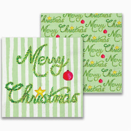 Green and white striped cocktail napkins with hand-painted garland lettering that reads ‘Merry Christmas,’ with star and ornament accents.