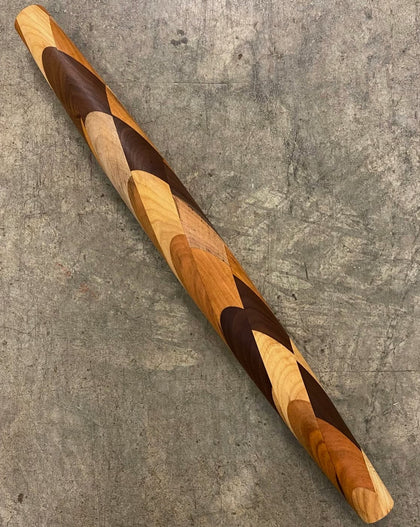 Handcrafted Miss Ethel French rolling pin made from cherry, maple, and walnut hardwoods with a diamond-pattern design.