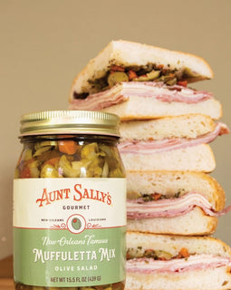 Jar of Aunt Sally’s Famous Muffuletta Mix Olive Salad made in New Orleans, Louisiana.