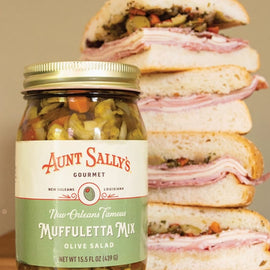Jar of Aunt Sally’s Famous Muffuletta Mix Olive Salad made in New Orleans, Louisiana.